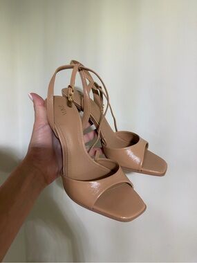 Zara Beige Patent Strappy Block Heel Sandals
